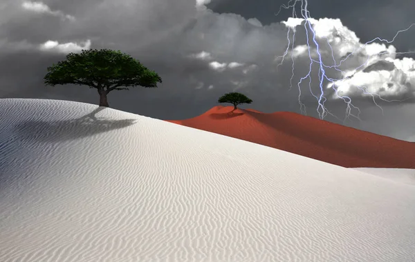 Белая Пустыня Молния Небе Зеленые Деревья — стоковое фото