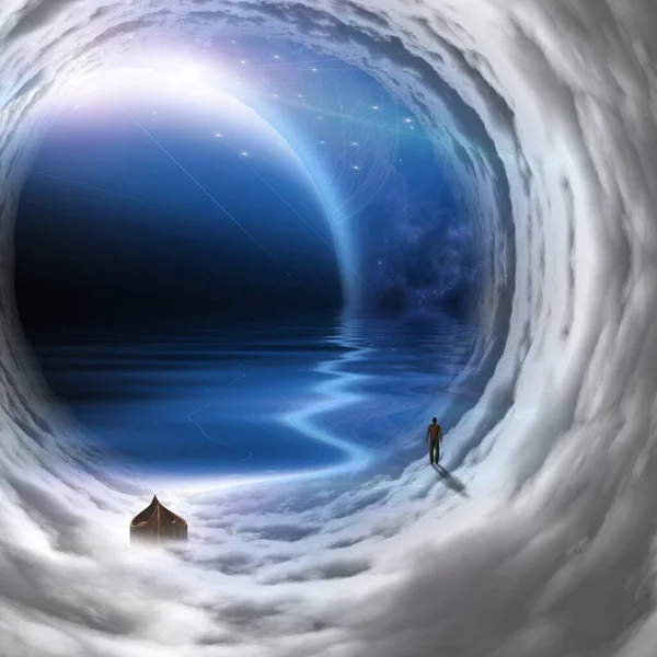 Man with boat in space tunnel with blue planet