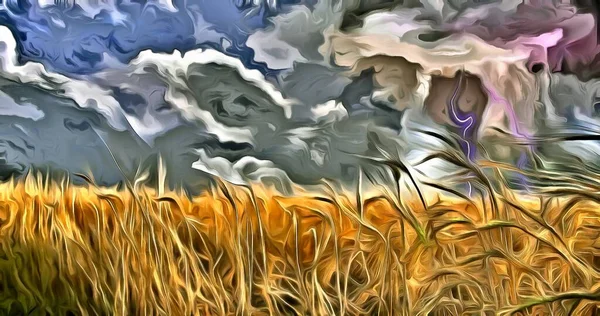Pittura Olio Nuvole Tempestose Con Fulmini Sul Campo Grano — Foto Stock