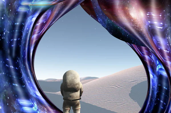 シュールレアリズム 宇宙飛行士は白い砂漠に立っている 歪んだ空間 — ストック写真