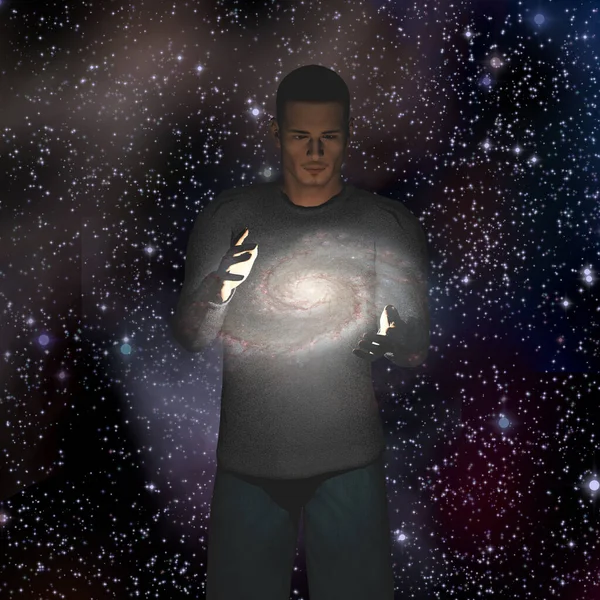 Man Holds Galaxy His Hands — Stock Photo, Image