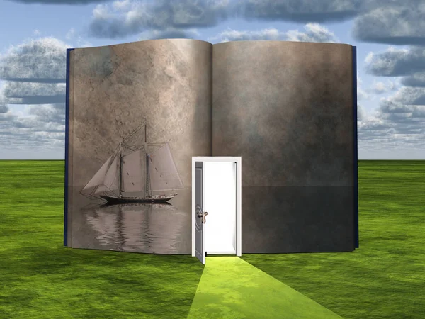 超现实主义 有开着的门和帆船的书 — 图库照片