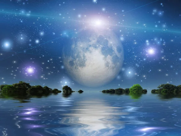 Sorgere Della Luna Sull Acqua Rendering — Foto Stock