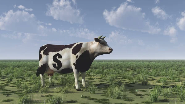 Surrealism Render Cow Dollar Sign Stands Green Field — Stock Photo, Image