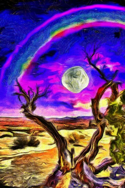 Pittura Surreale Vecchio Albero Erge Terreno Roccioso Luna Piena Arcobaleno — Foto Stock