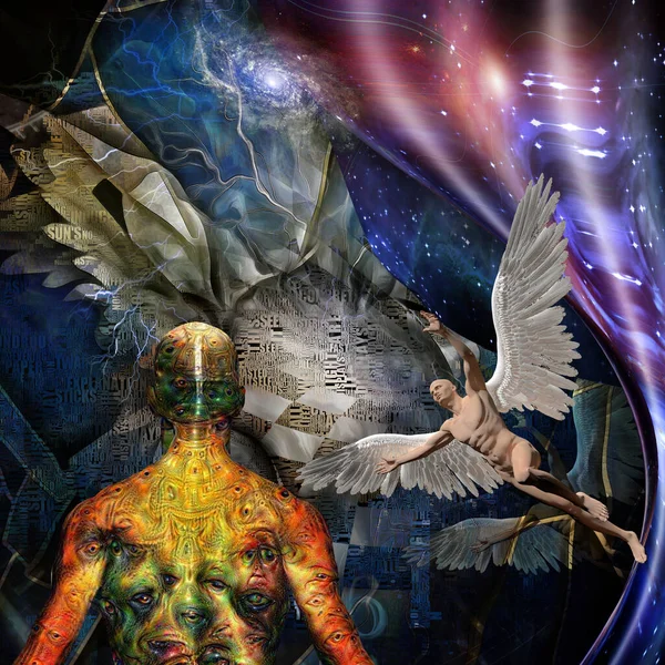 超现实主义 天使的翅膀人的背带着奇怪的魔鬼般的眼睛 弯曲的空间 光着翅膀的男人代表天使 — 图库照片