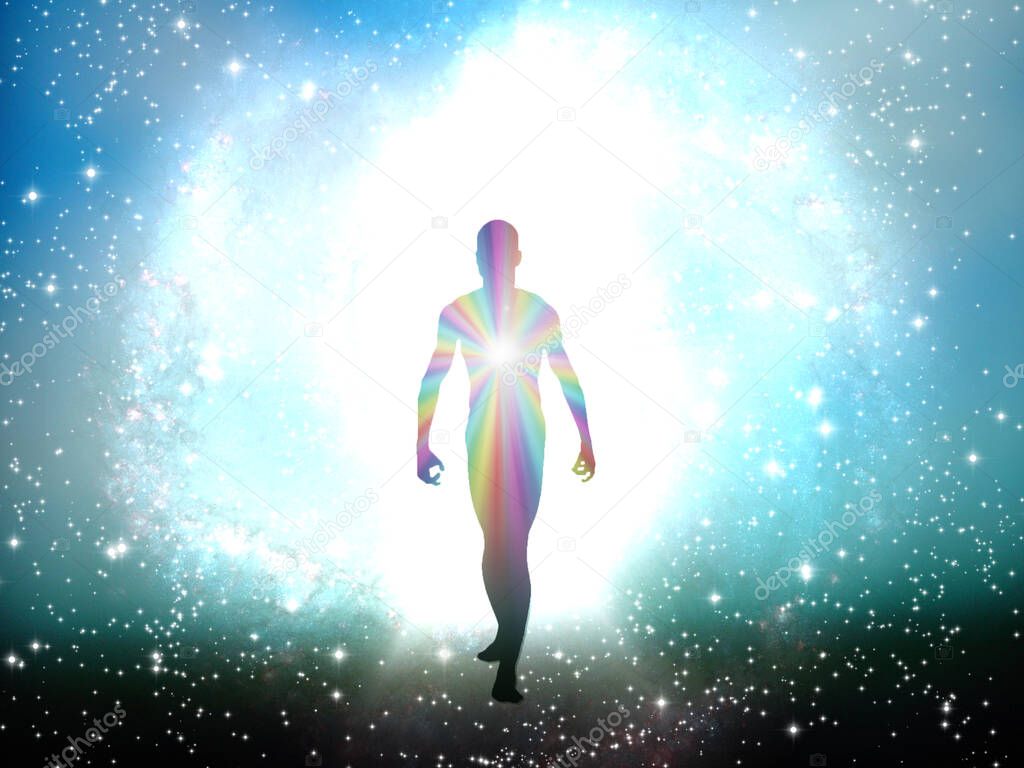 Man in rainbow light and stars