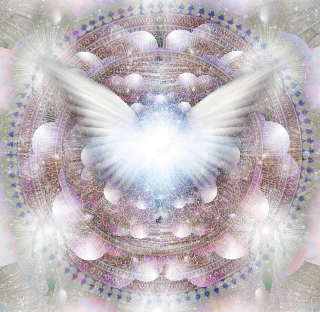 Shining wings in a center of Indian mandala. Multi-layered spaces representing endless dimensions.