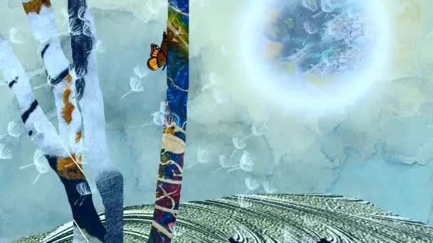Сучасне Мистецтво Абстрактна Природа Метелик Деревах Сюрреалістична Планета — стокове відео