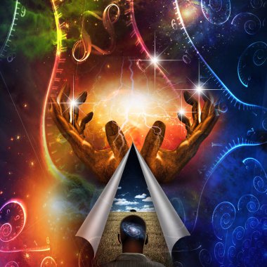 Galaksi zihni ve hareketli elleri olan adam.