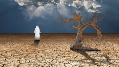 Kurak topraklarda beyaz keşiş. 3B görüntüleme