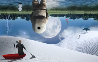 Astronot gerçeküstü beyaz çölde duruyor. Adam kırmızı şemsiye içinde yüzer, diğeri şemsiyeyle uçar. Uzakta insan ve keşiş figürleri. Kum tepeciğindeki yeşil ağaç. Büyük ay okyanusa yansıyor..