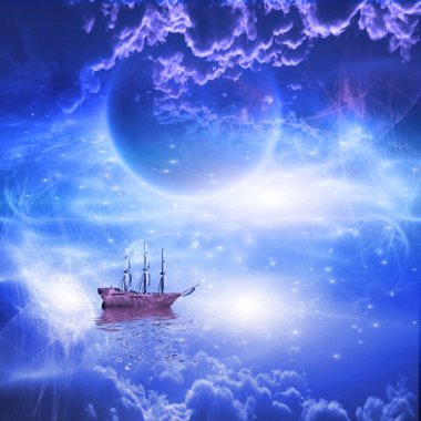 Harika bir manzarayla yelkenli gemi.