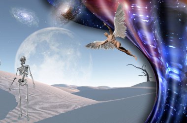 Kuru ağaçları, galaksileri ve ufukta büyük ayı olan gerçek üstü beyaz bir çöl. Kanatlı çıplak adam meleği temsil ediyor. İskelet ölümü simgeler. Bükülmüş boşluk.