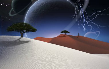 Gerçeküstü çöl. Kum tepesinde yeşil ağaç. Uzakta duran bir insan figürü. Yıldızlı gökyüzünde büyük gezegenler.