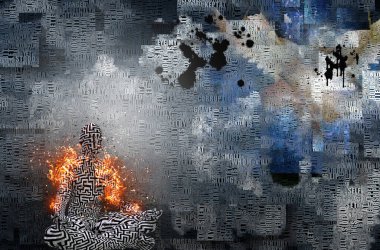 Soyut bulutlar. Kelimeler. Lotus pozunda yanan adam. Derisinde labirent deseni var.. 