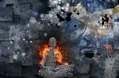 Soyut bulutlar. Kelimeler. Lotus pozunda yanan adam. Derisindeki labirent deseni. Gözlüklü bir adamın resmi..