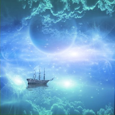 Harika bir manzarayla yelkenli gemi.