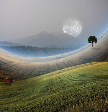 Dağ 'la huzurlu bir manzara. 3B görüntüleme