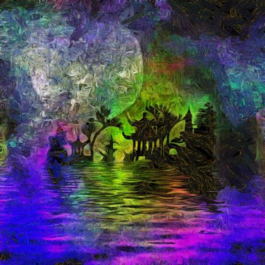 Sudaki siluetler. Asya tarzı. 3B görüntüleme