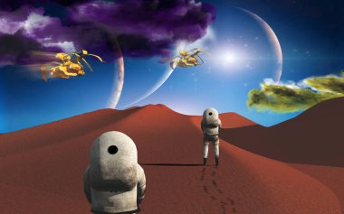 Başka bir gezegendeki astronotlar. 3B görüntüleme