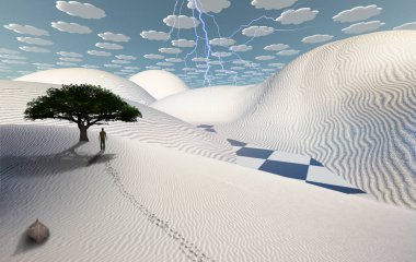 Gerçeküstü çöl. Kum tepesinde yeşil ağaç. Tekne. Uzakta duran bir insan figürü. Soyut bulutlar.