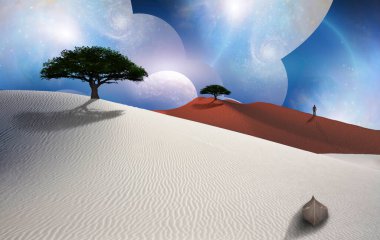 Gerçeküstü çöl. Kum tepesinde yeşil ağaç. Tekne. Uzakta duran bir insan figürü. Çoklu katmanlı alanlar sonsuz boyutları temsil eder.