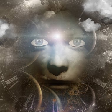 Sepya içinde elleri ve evreni olan insan yüzü