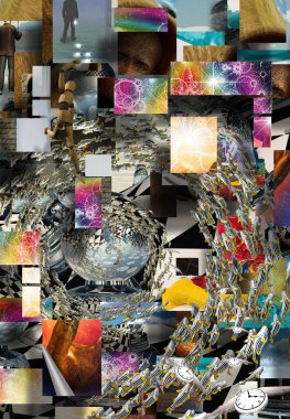 Soyut Gerçeküstü Katmanlı Resim. Ebedi Zihin ya da yaşam girdabı. 3B görüntüleme