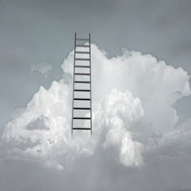 Bulutlarda yükselen merdiven. 3B görüntüleme