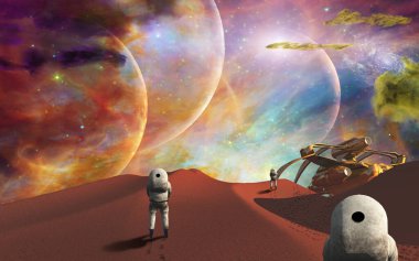 Astronauts on another planet 3D rendering
