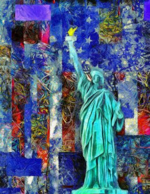Özgürlük Heykeli. Arka planda Amerikan bayrağı. Yağlı boya, fırça darbeleri.