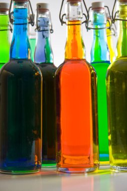 colorful glass bottles, drinks beverages 