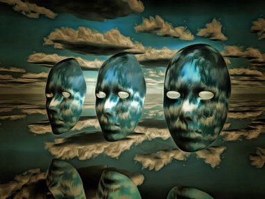 Gerçeküstü resim. Bulutlu gökyüzünde maskeler.