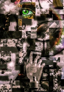 Yumuşak manken ve rainbow ile katmanlı kare şekilleri sıçramak dişli zaman öğesi, insan gözü, satranç elemanları, insan eli ampul, soyut hale