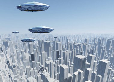 Fütürist megapolis üzerinde uçan daireler..