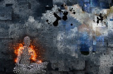 Soyut bulutlar. Kelimeler. Lotus pozunda yanan adam. Derisinde labirent deseni var.. 