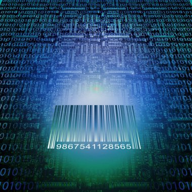 İkili kod, dünya haritası ve barkod.