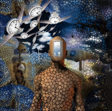 Gerçeküstü resim. Başka bir dünyaya açılan kapı. Salvador Dali tarzı.