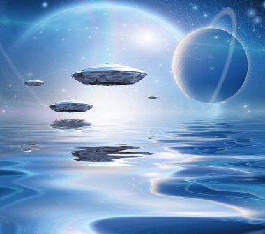 Su yüzeyinde uçan daireler. Güneş dışı gezegenler sessiz suların üzerinde yükselir.