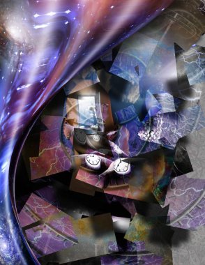 Karmaşık sürreal resim. Yüzü yerine başka bir dünyaya açılan bir adam, kare elementler. Zamanın müritleri. Kanatlı saatler zamanın akışını simgeler..