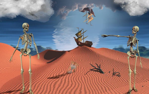 Surrealistische Woestijn Met Oud Schip Een Zandduin Skeletten Zandloper Schip — Stockfoto