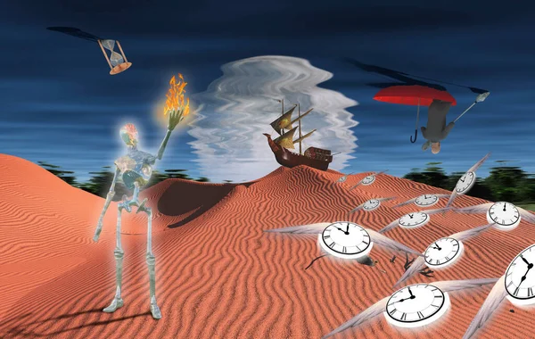 Surreal Desert Ancient Ship Sand Dune Gleaming Robot Flame His — Stock Photo, Image