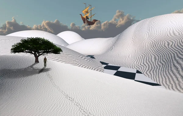 Surreal Desert Green Tree Sand Dune Figure Man Distance Ancient — Stock Photo, Image