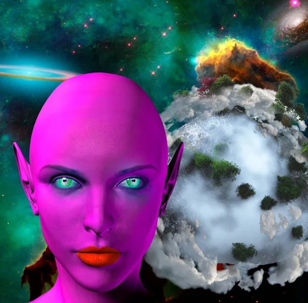 Face Female Alien Colorful Universe Abstract Exoplanet Background — Stock Photo, Image