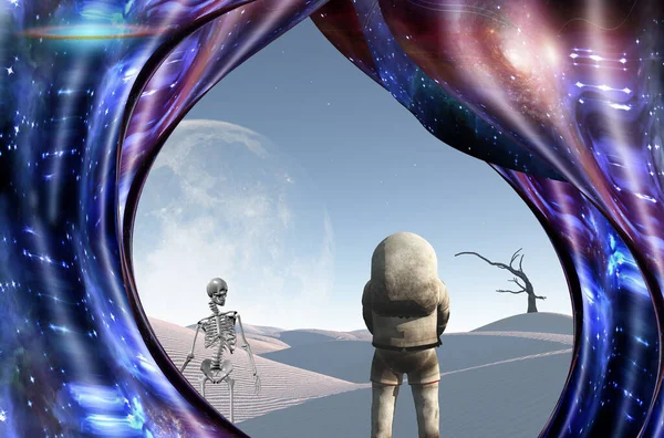 Surrealism Astronaut Stands White Desert Warped Space Skeleton Symbolizes Death — Stock Photo, Image