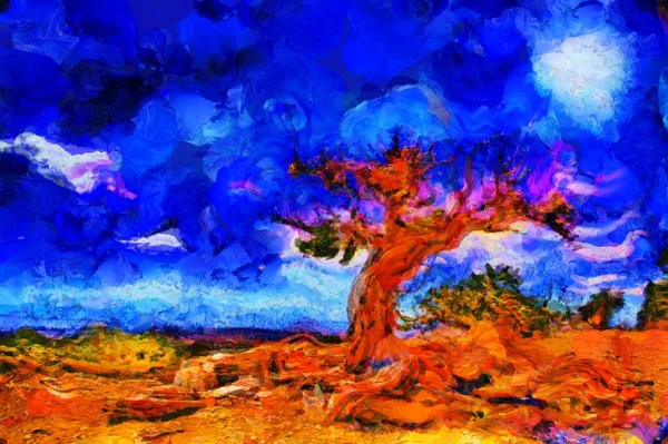 Абстрактний Живопис Старе Дерево Блакитне Небо — стокове фото