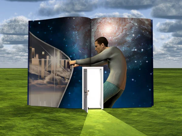 シュールレアリズム 開いたドアと別の次元への男の開口カーテン付きの本 — ストック写真
