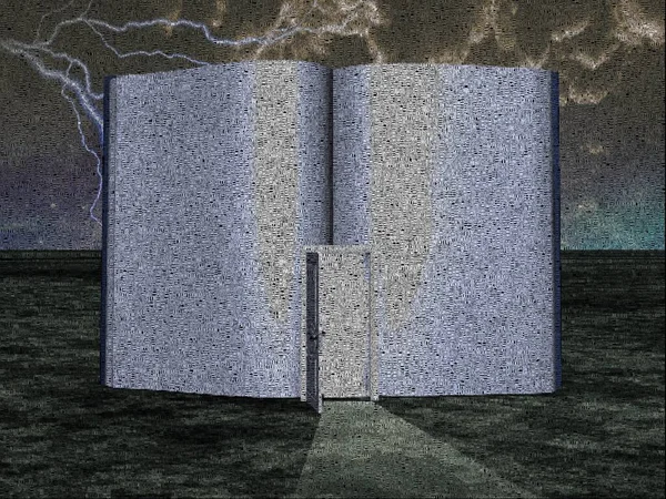 Opened Book Door Another World Rendering — Stock Photo, Image