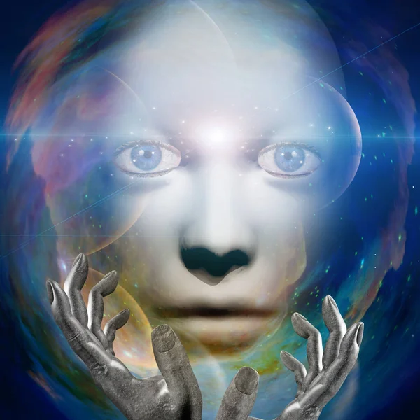 Human Face Hands Universe Background — Stock Photo, Image